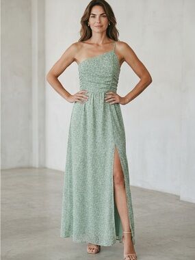 Promesa One-Shoulder Sage Green Maxi Dress with Slit